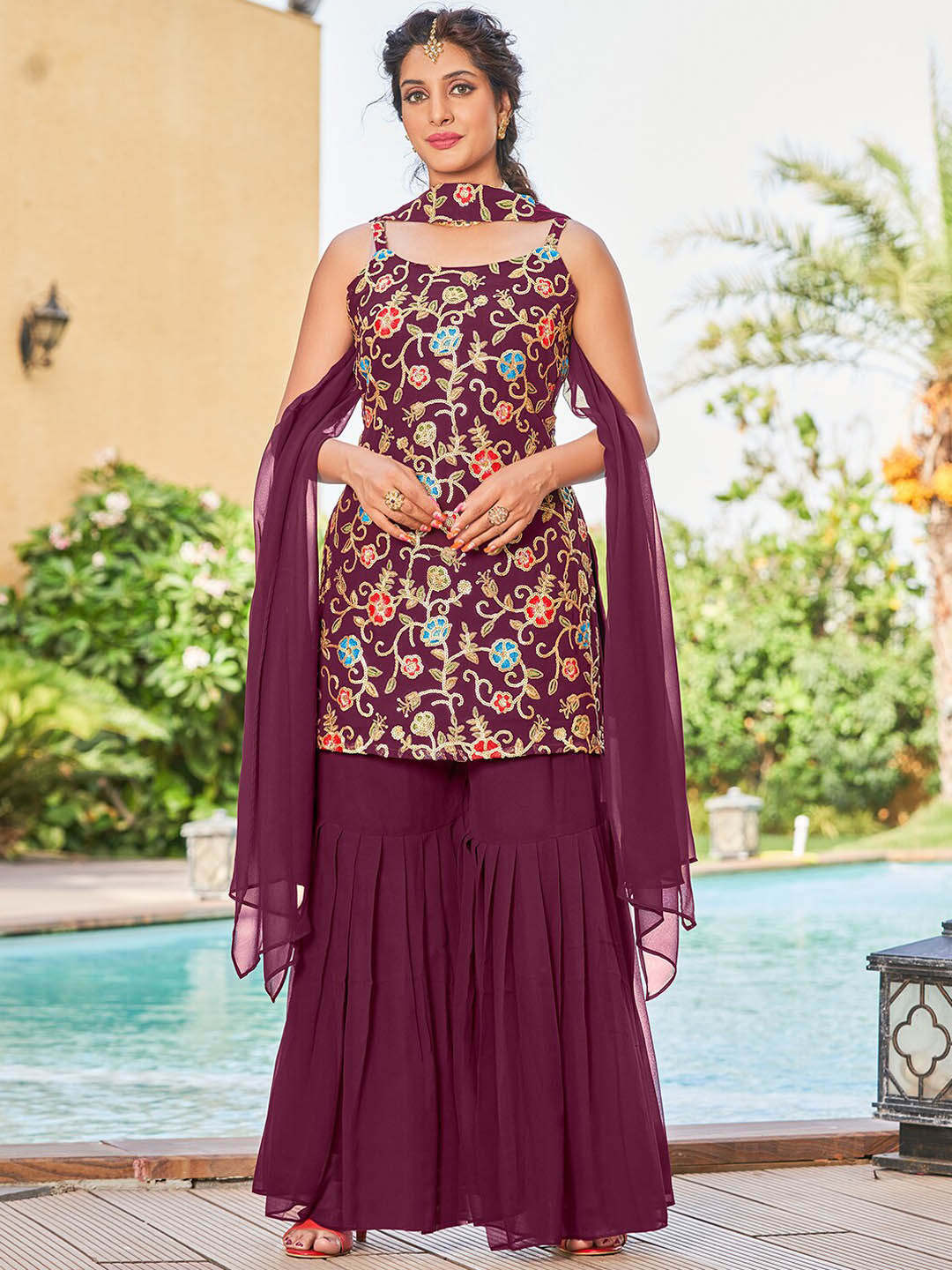 

KALINI Floral Sequinned Embroidered Regular Sequinned Kurta With Sharara & Dupatta, Burgundy