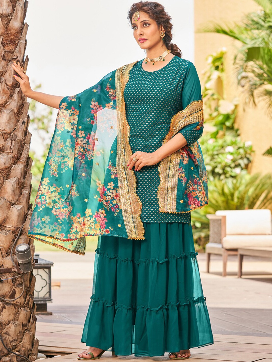

KALINI Embroidered Sequinned Georgette Kurta With Sharara & Dupatta, Teal