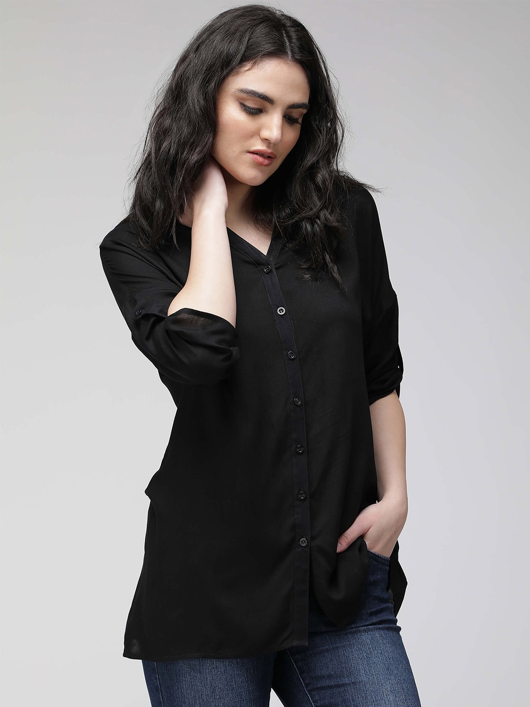 

IDK Black Roll-Up Sleeves Shirt Style Top