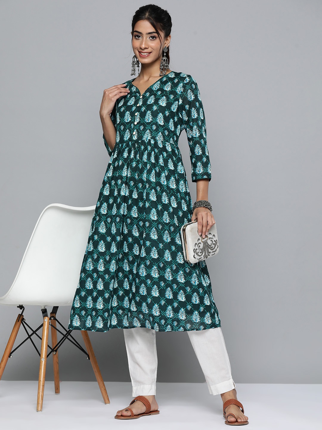 

HERE&NOW Floral Printed Pure Cotton Kurta, Teal