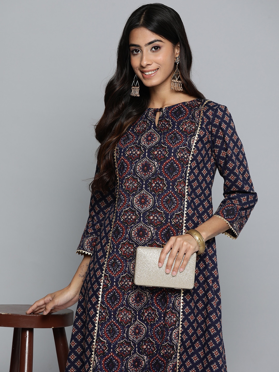 

HERE&NOW Ethnic Motifs Printed Gotta Patti Pure Cotton Kurta, Navy blue