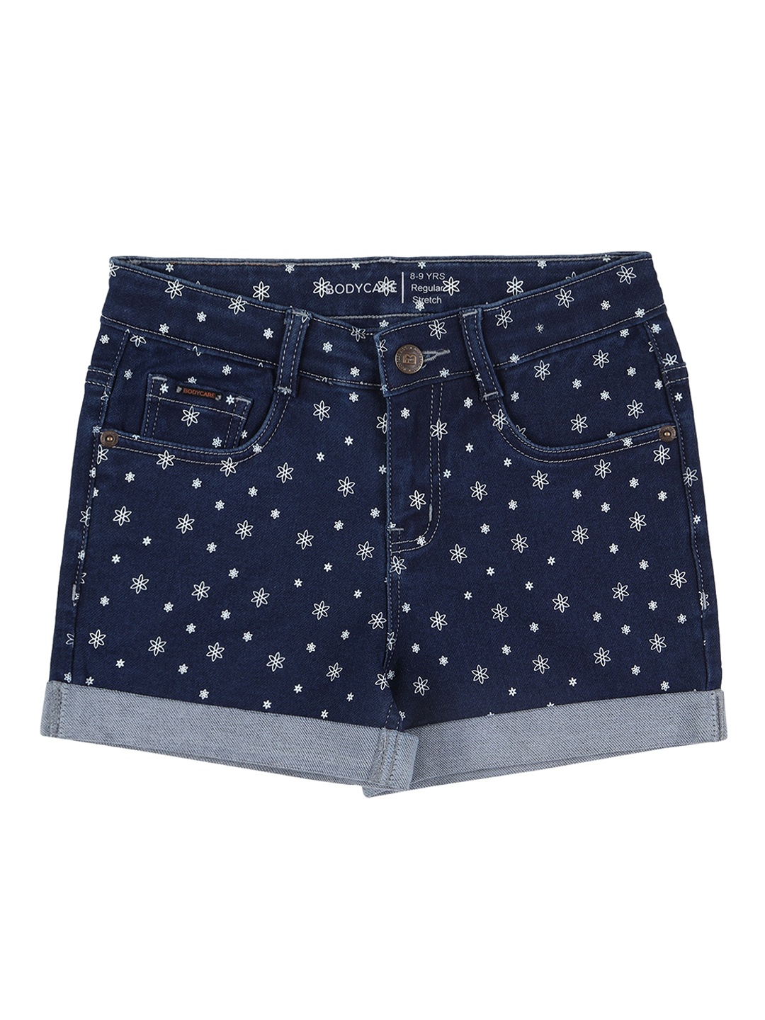 

Bodycare Kids Girls Floral Printed Stretchable Denim Shorts, Blue