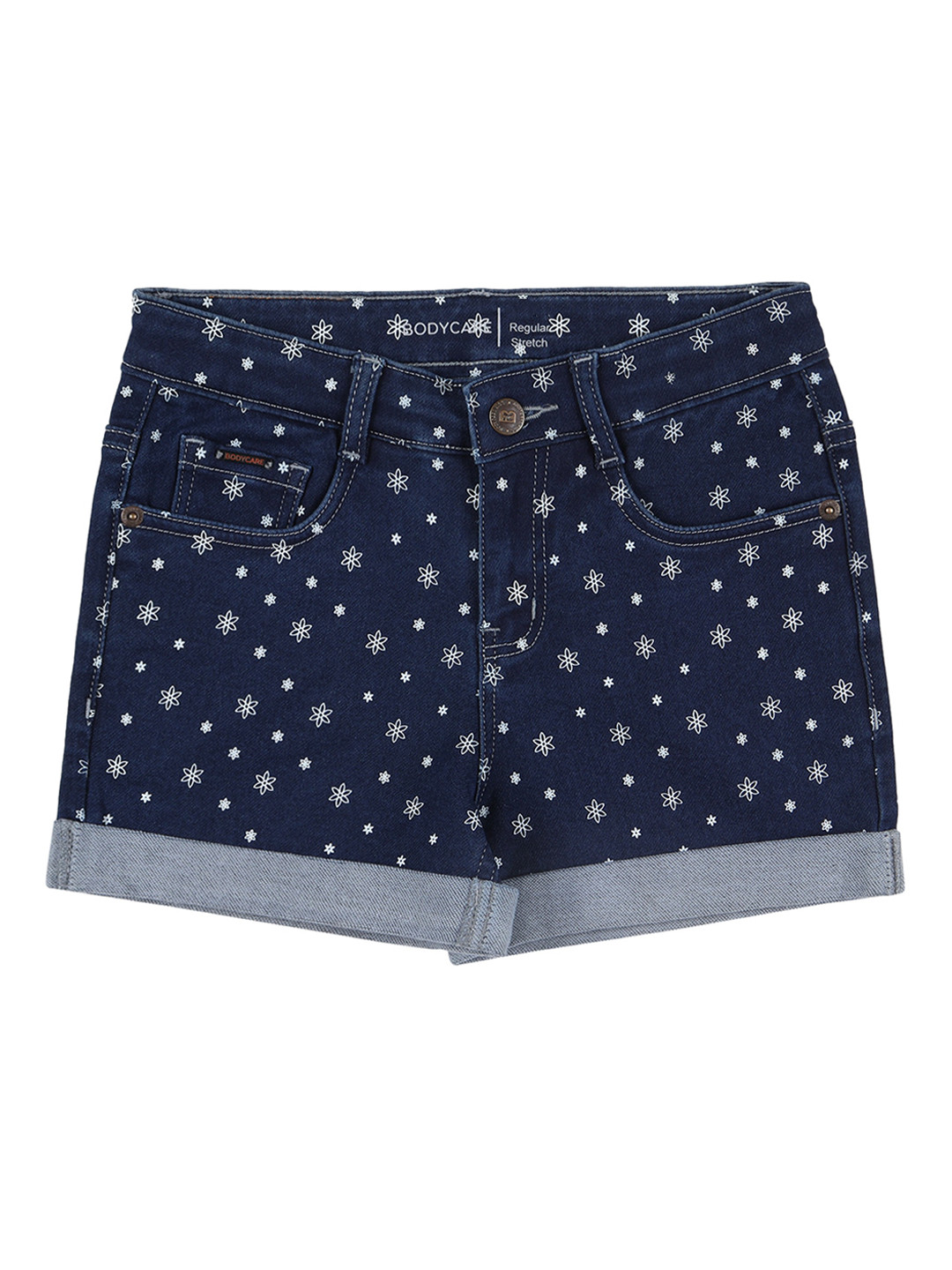 

Bodycare Kids Girls Printed Mid Rise Stretchable Denim Shorts, Blue