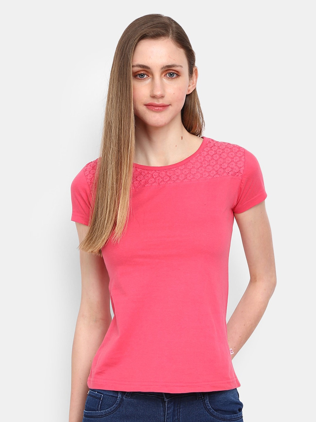 

V-Mart Self Designed Yoke Design Cotton T-shirt, Fuchsia