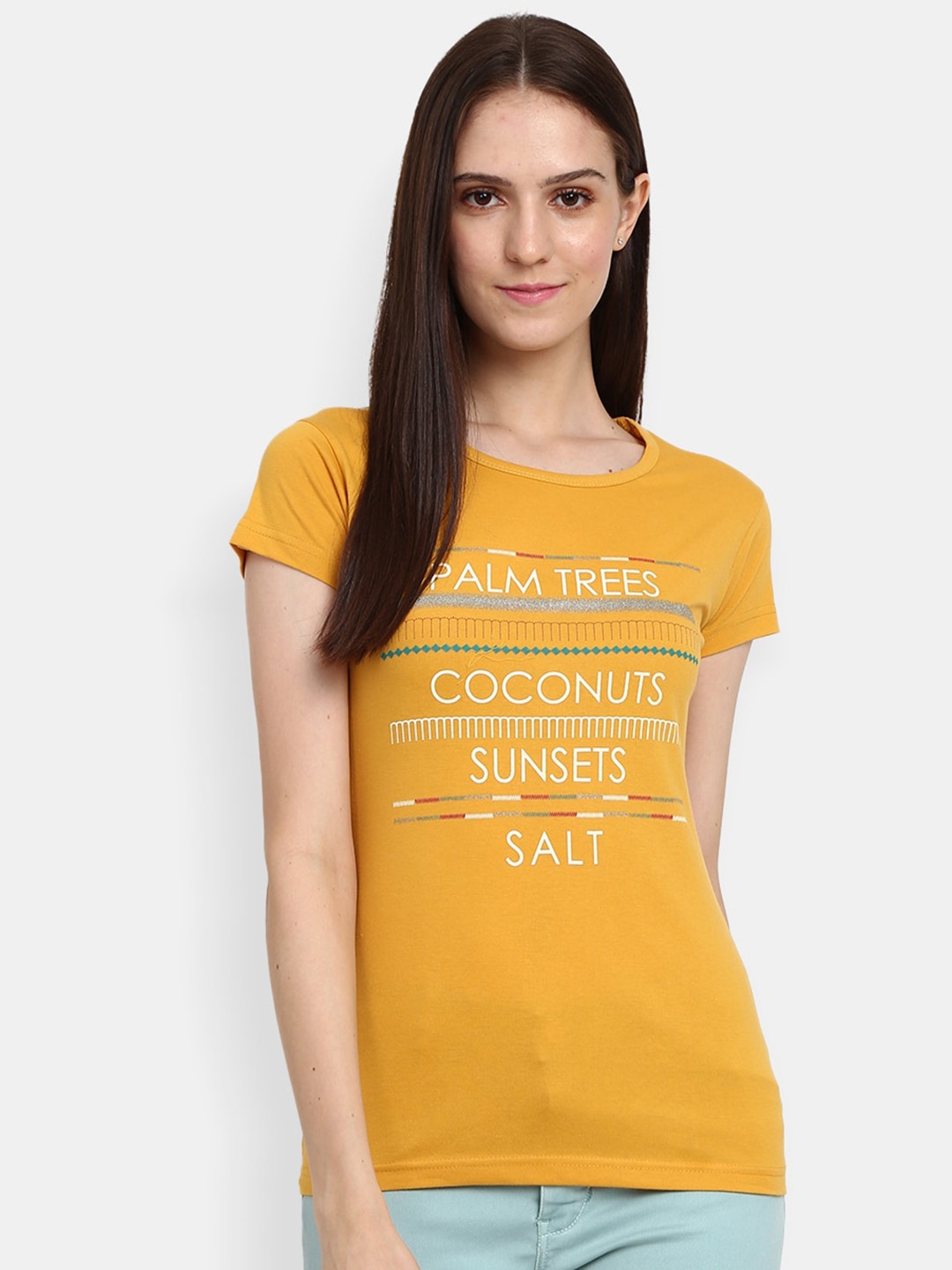 

V-Mart Typography Printed Round Neck T-shirt, Mustard