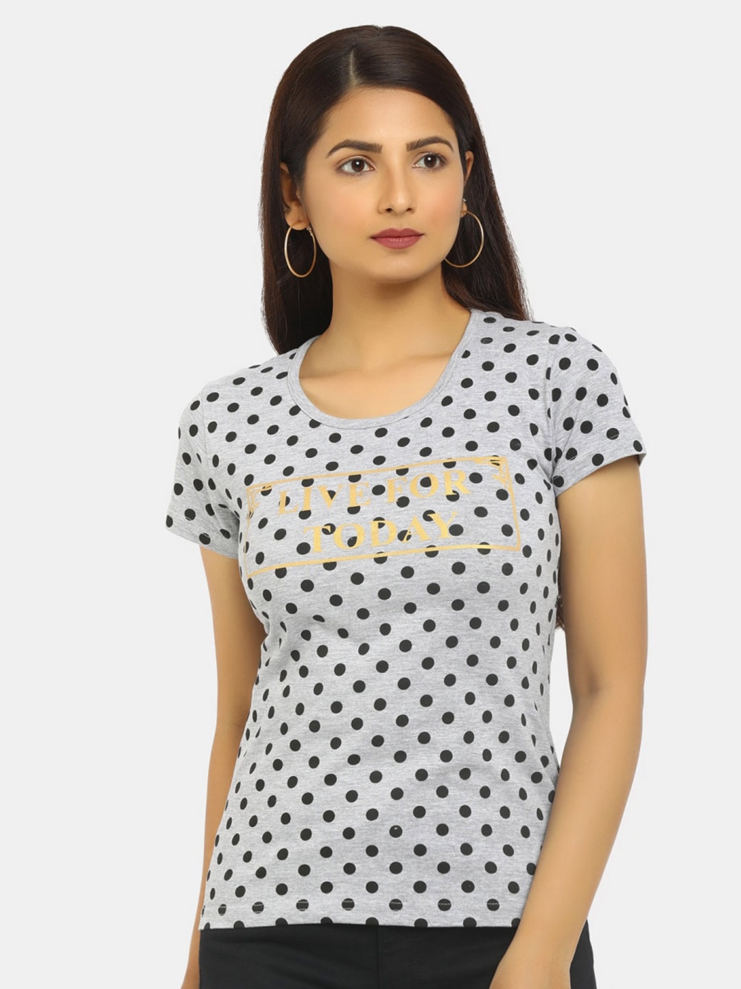 

V-Mart Polka Dot Printed Cotton T-shirt, Grey melange