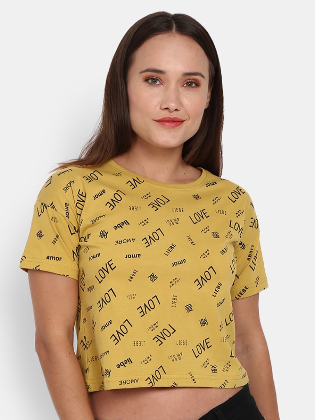 

V-Mart Typography Printed Casual Cotton Cropped T-shirt, Mustard