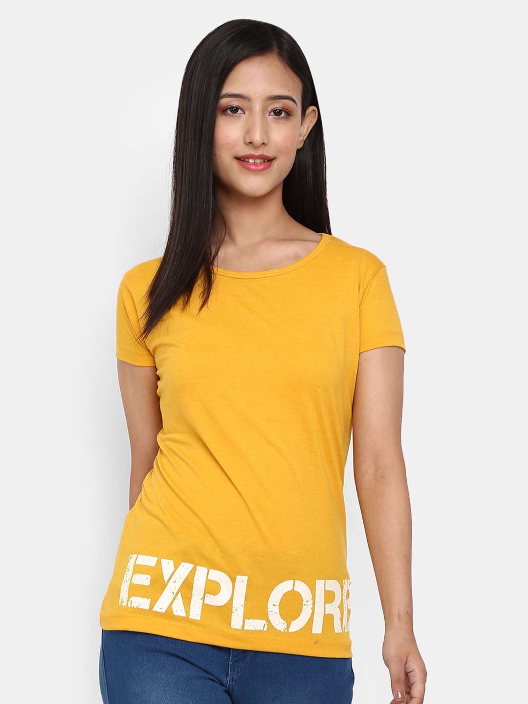 

V-Mart Typography Round Neck Cotton T-shirt, Mustard