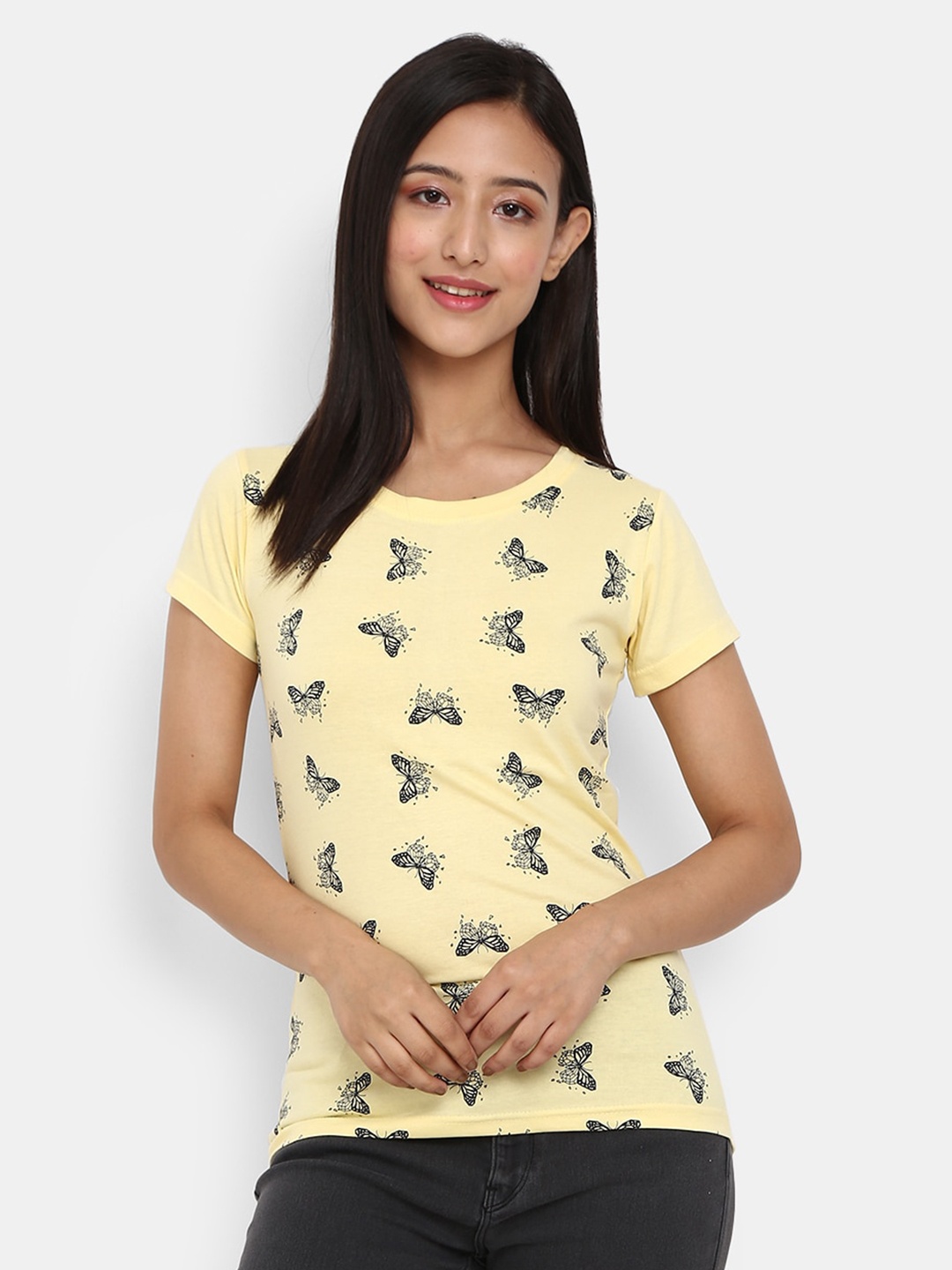 

V-Mart Women Conversational Printed Regular Fit T-shirt, Yellow