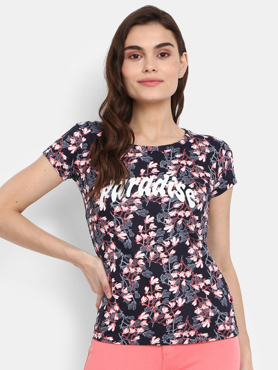 

V-Mart Floral Printed Casual Cotton T-shirt, Black