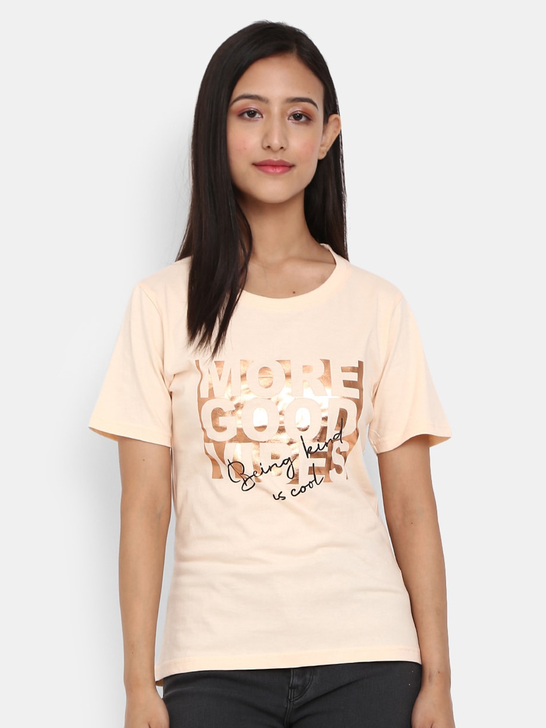 

V-Mart Typography Printed Cotton T-shirt, Peach