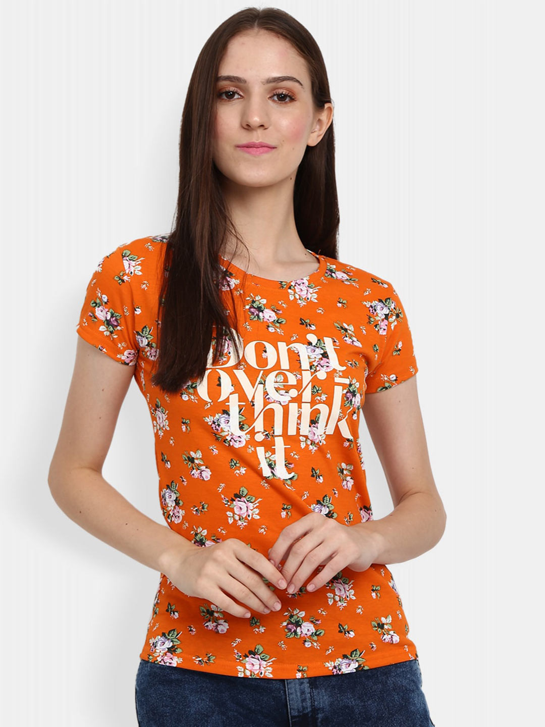 

V-Mart Floral Print Round Neck Cotton T-shirt, Rust