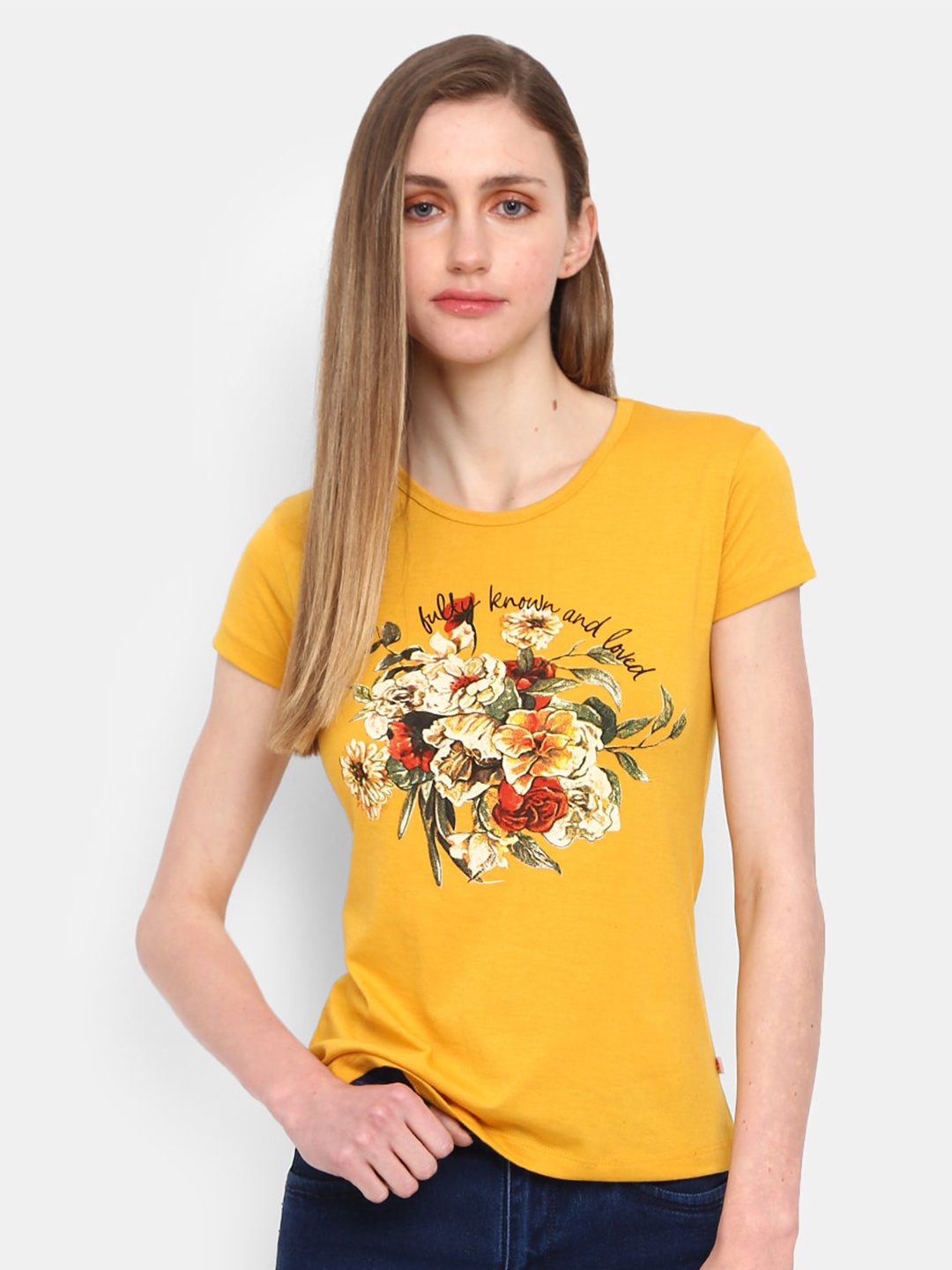 

V-Mart Women Floral Printed Regular Fit Cotton T-shirt, Mustard