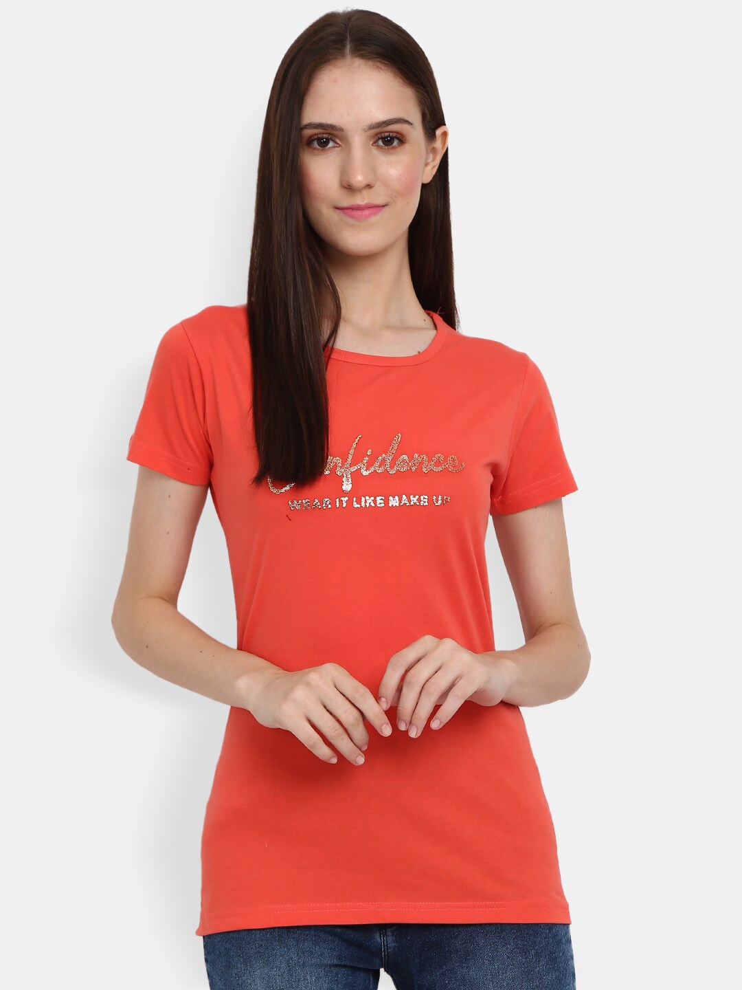 

V-Mart Typography Round Neck Cotton T-shirt, Coral