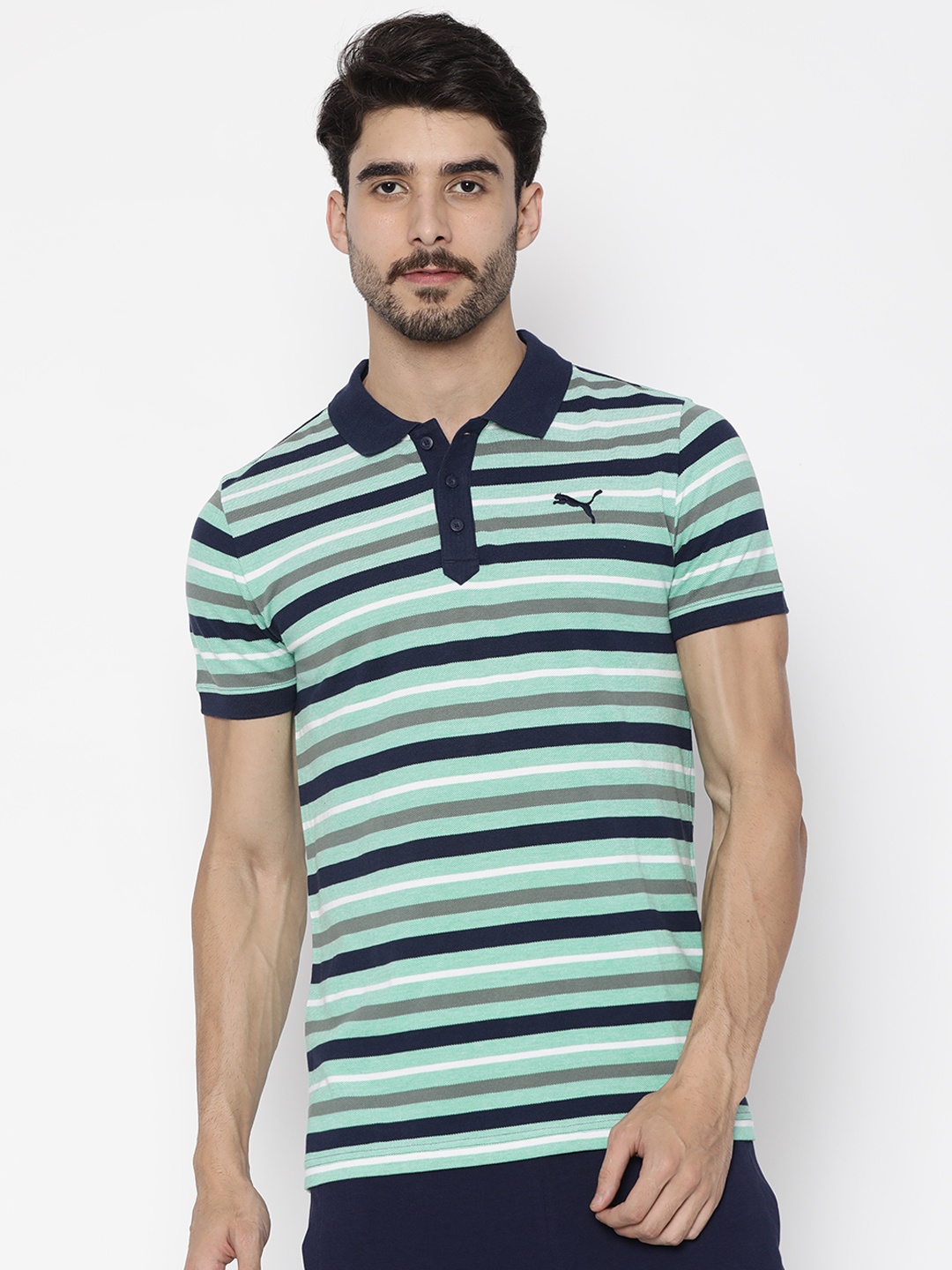 

Puma Men Green Striped India Y D Stripe Pique Polo 3 T-shirt