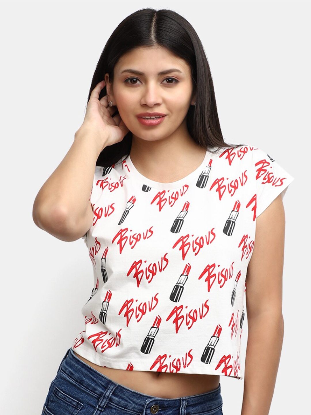 

V-Mart Women Conversational Printed Extended Sleeves Cotton Crop T-shirt, White