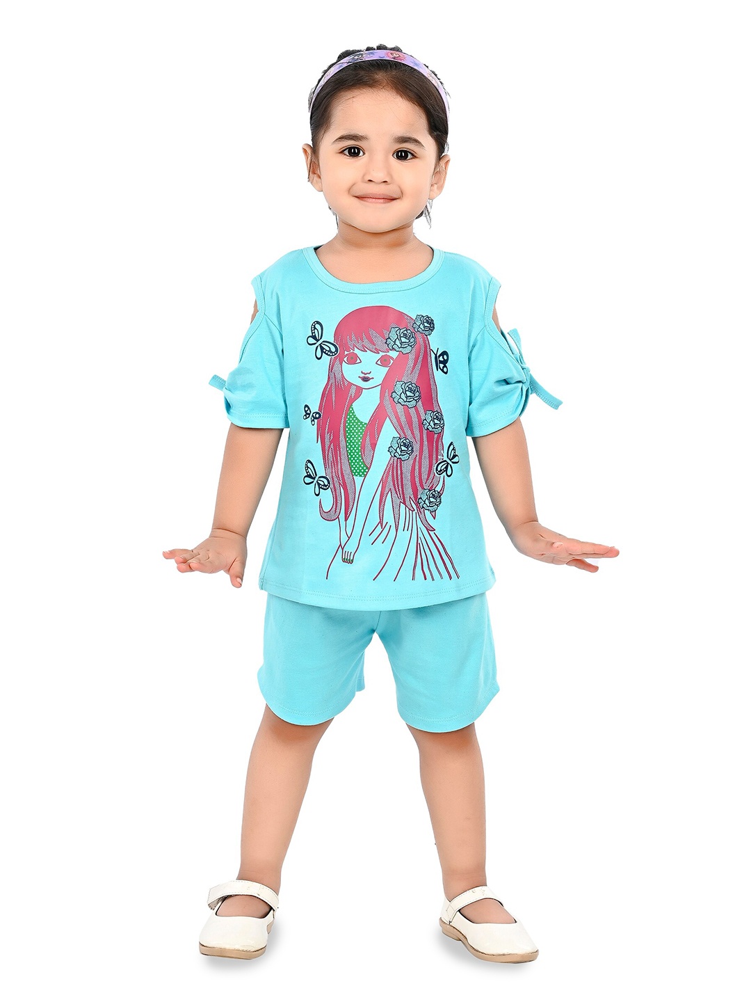 

BAESD Girls Printed Pure Cotton Top with Shorts, Turquoise blue