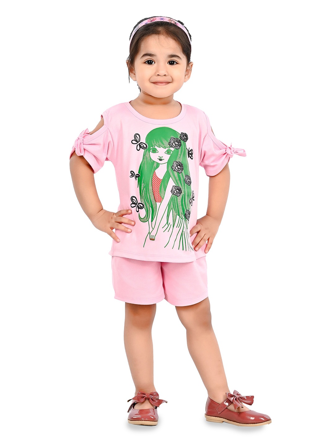 

BAESD Girls Printed Pure Cotton Top with Shorts, Pink