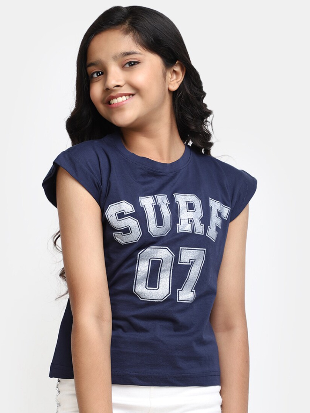 

V-Mart Girls Typography Printed Cotton T-shirt, Navy blue