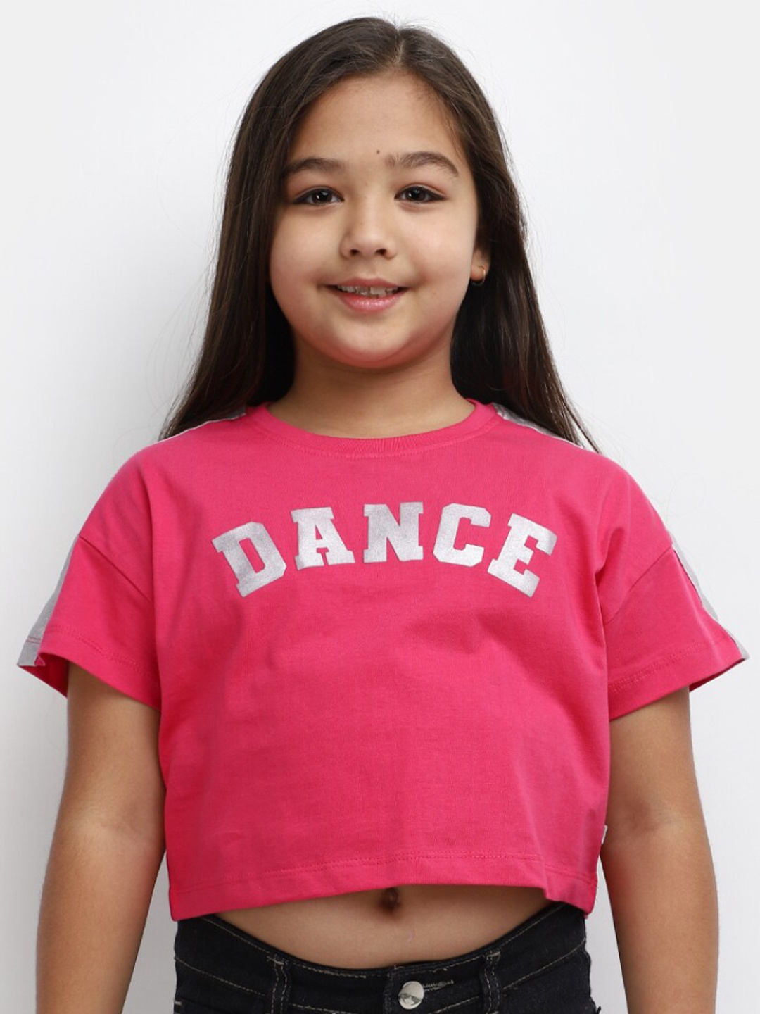 

V-Mart Girls Typography Printed Cotton Crop T-shirt, Fuchsia
