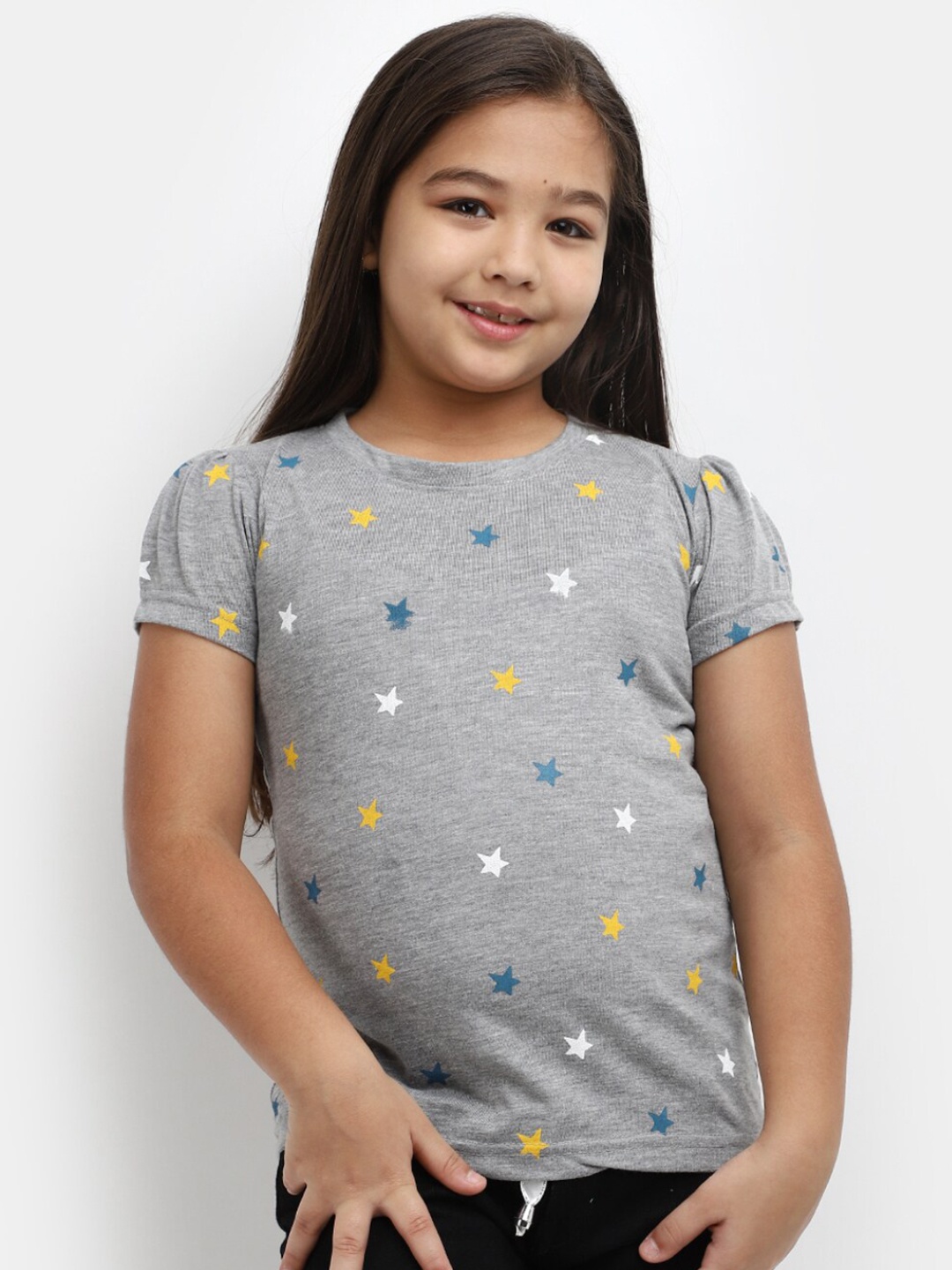 

V-Mart Girls Geometric Printed Puff Sleeves Cotton T-shirt, Grey melange
