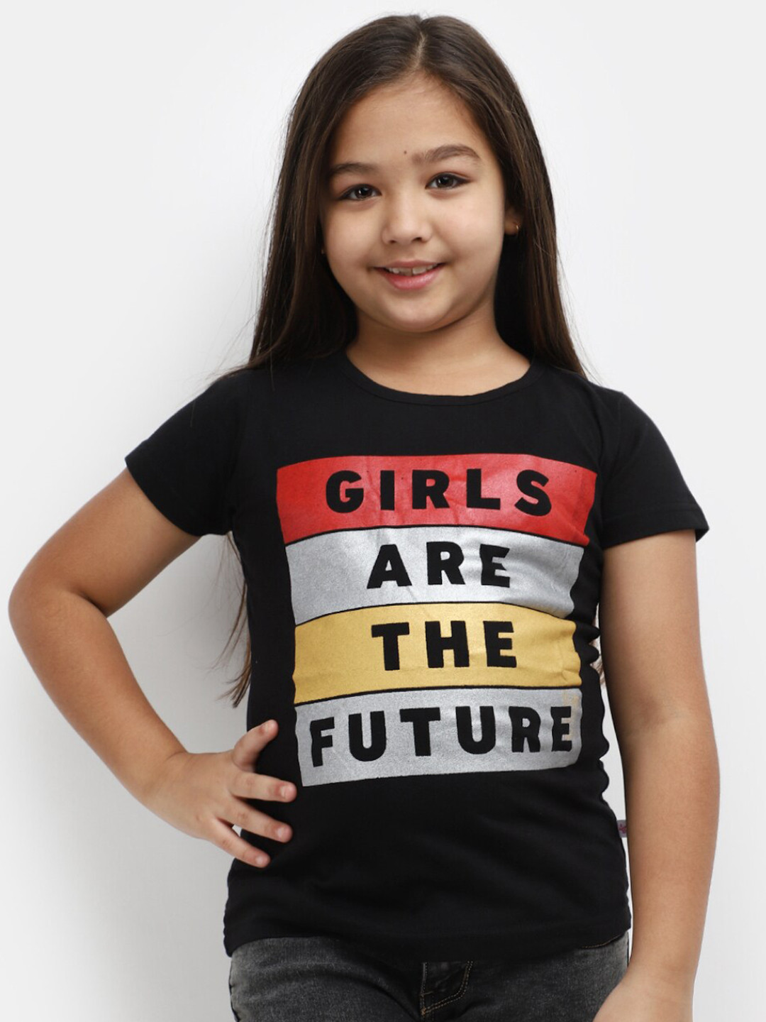

V-Mart Girls Typography Printed Cotton T-shirt, Black