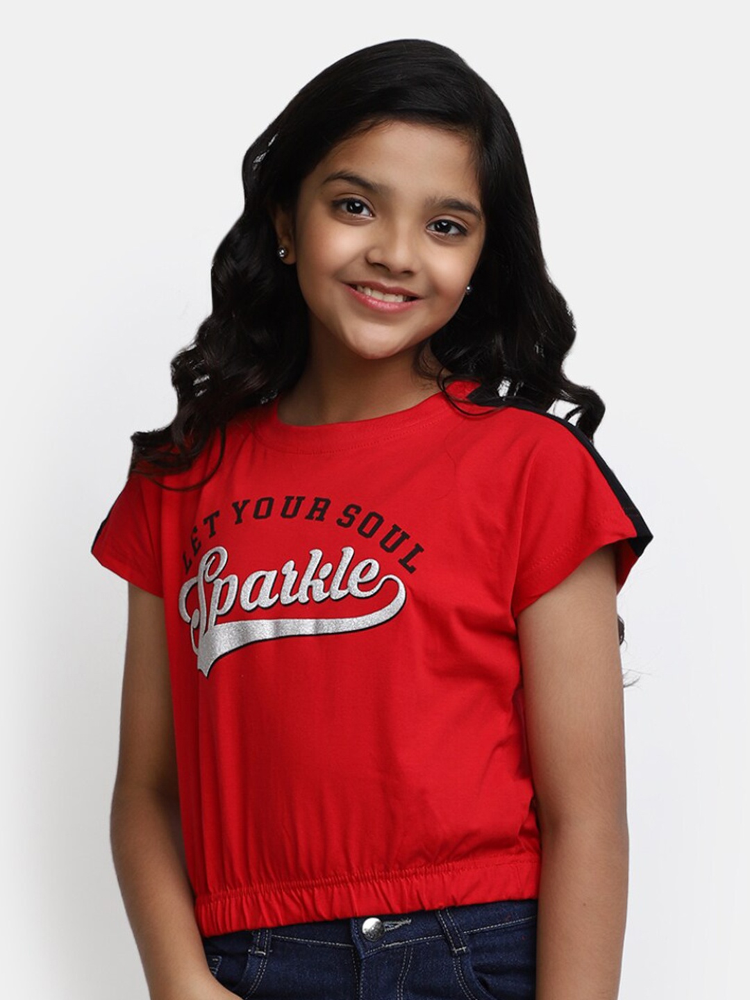 

V-Mart Girls Typography Printed Cotton T-shirt, Red
