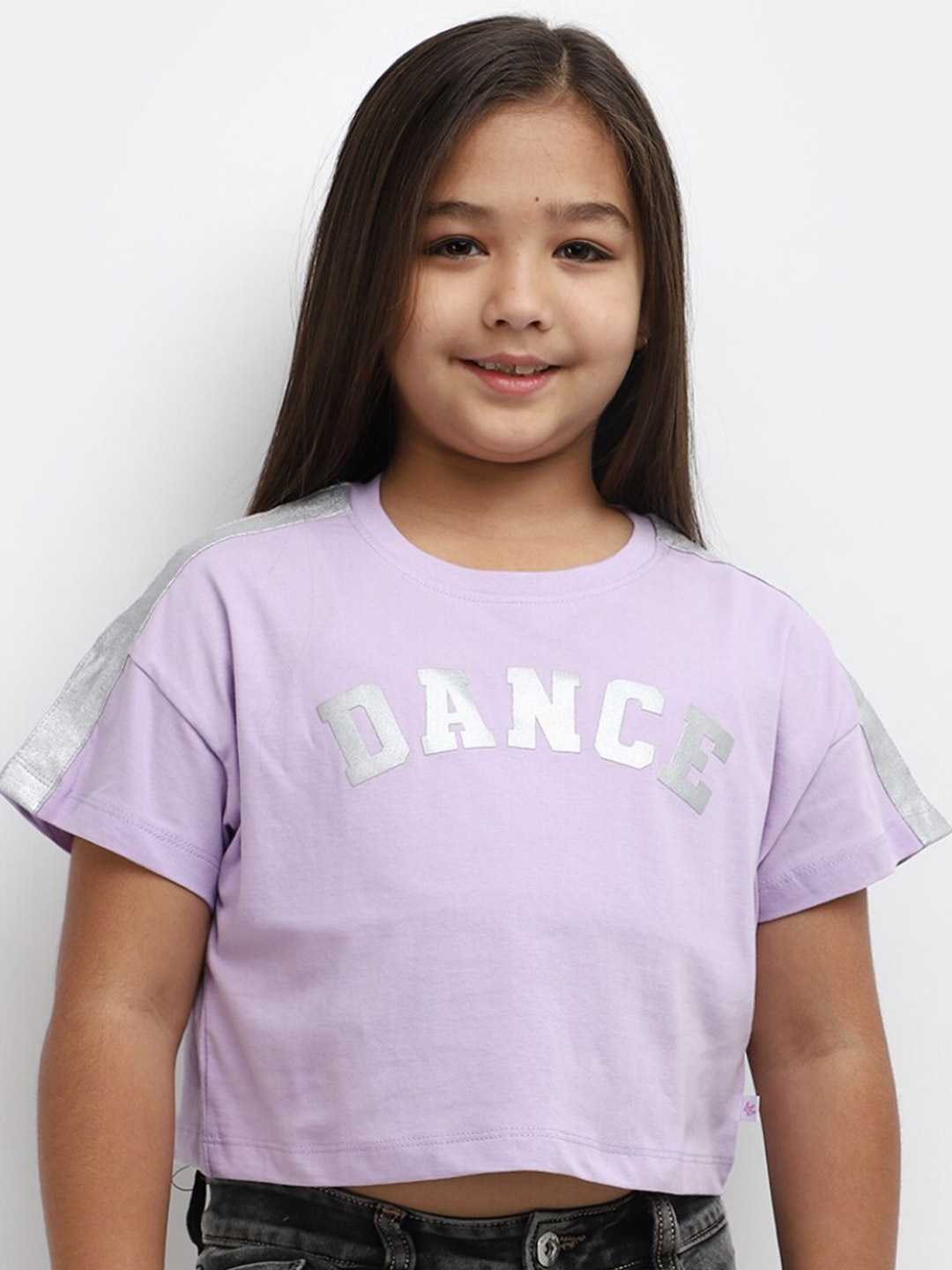 V-Mart Girls Typography Printed Cotton Crop T-shirt, Lavender