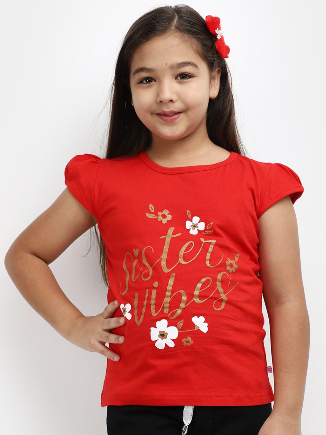 V-Mart Girls Typography Printed Cotton T-Shirt, Red