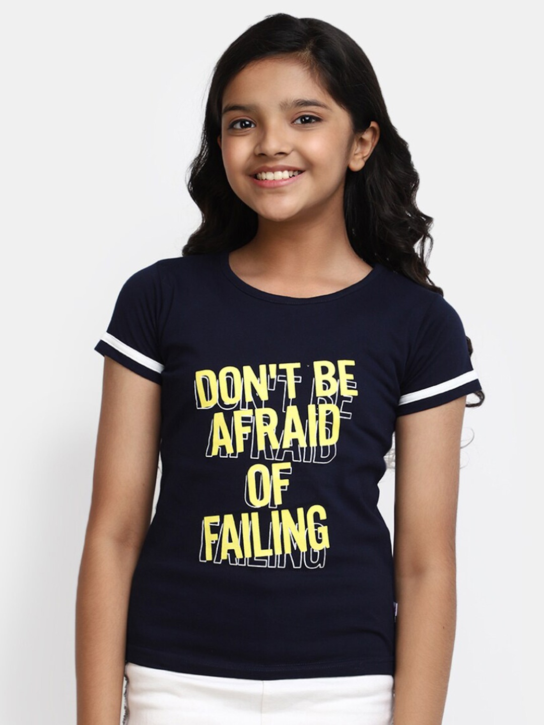 

V-Mart Girls Navy Blue Typography Printed Extended Sleeves Pockets T-shirt
