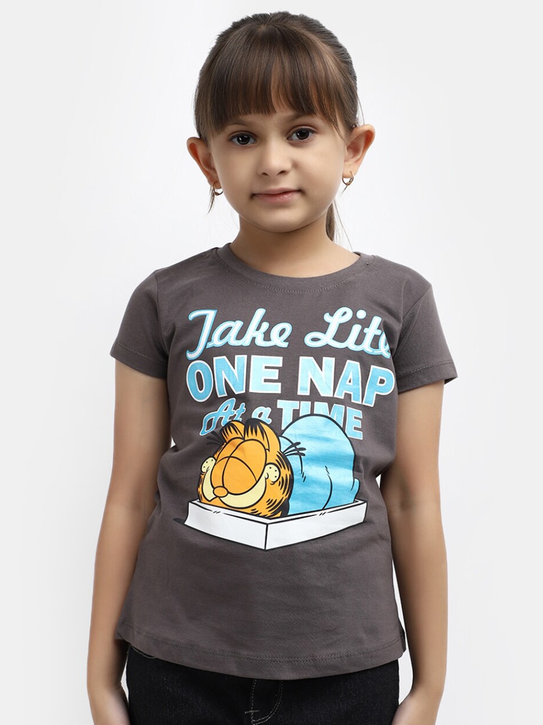 

V-Mart Girls Typography Garfield Printed Cotton T-Shirt, Grey