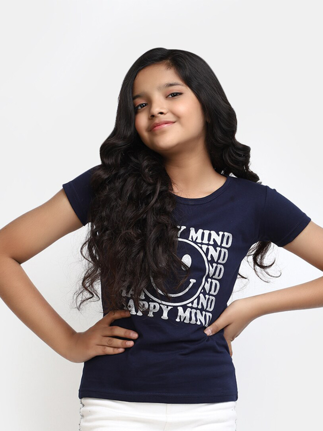 

V-Mart Girls Typography Printed Cotton T-shirt, Navy blue