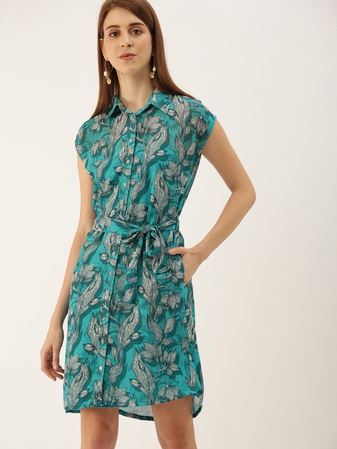 

Mast & Harbour Teal Green Floral Printed Belted Shirt Dress
