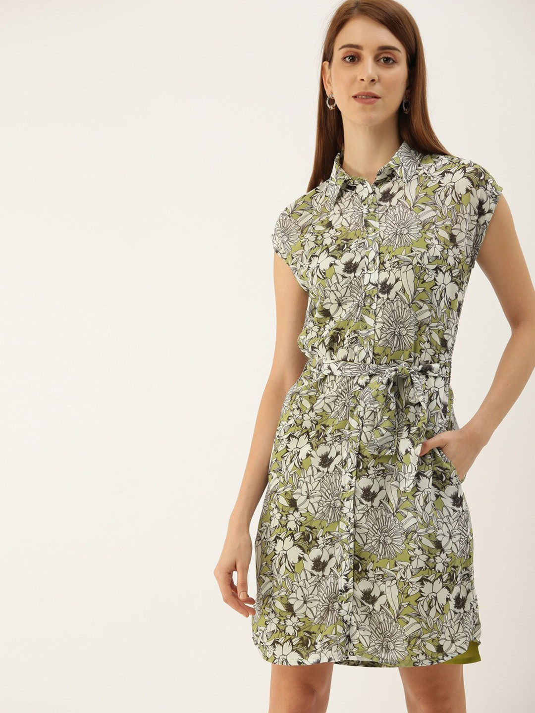 

Mast & Harbour White & Green Floral Printed Belted Shirt Dress