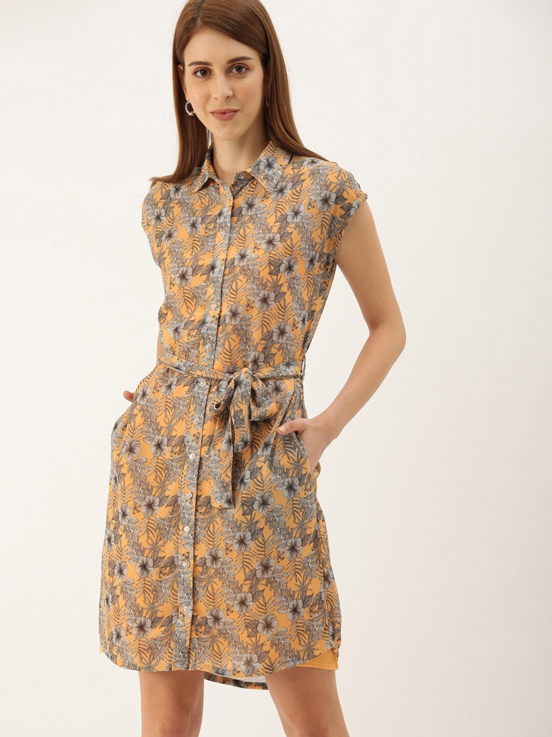 

Mast & Harbour Orange & Grey Floral Printed Belted Shirt Dress