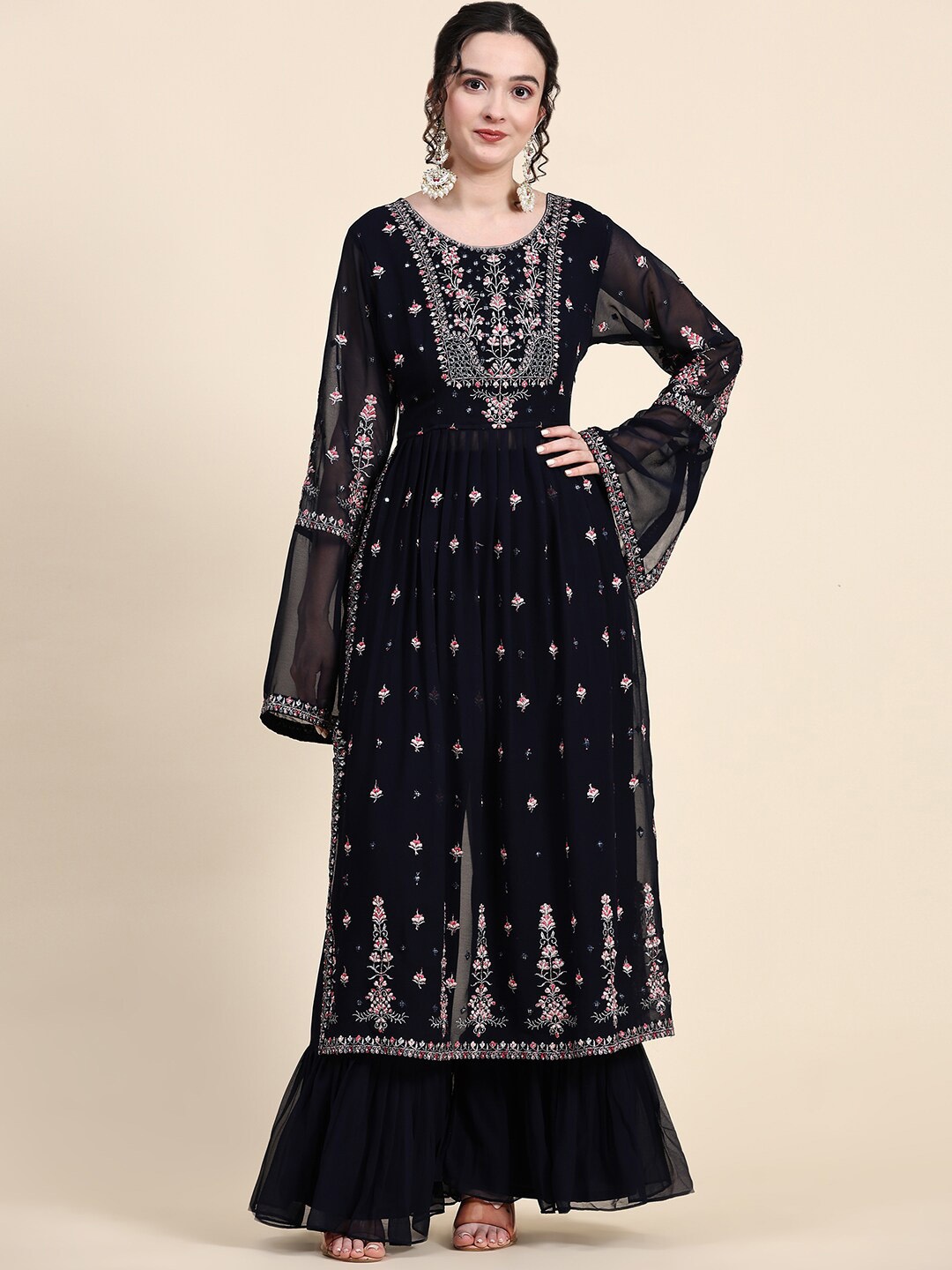 

KALINI Ethnic Motifs Embroidered Pleated Kurta With Sharara & Dupatta, Navy blue