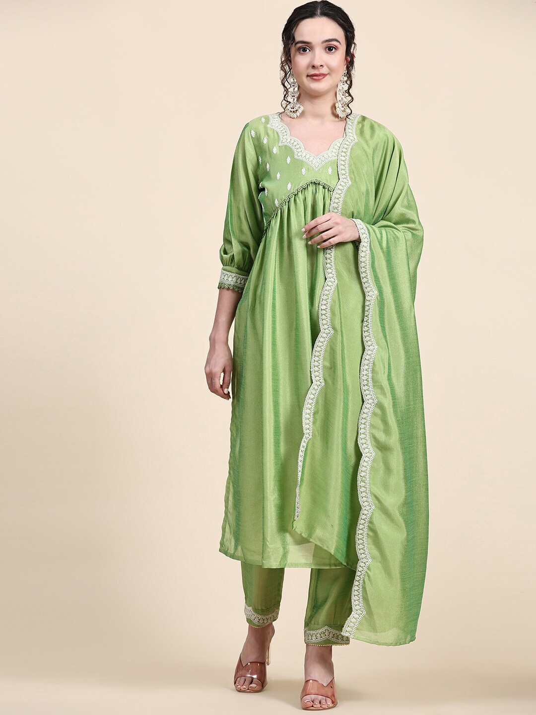 

KALINI Ethnic Motifs Embroidered Empire Kurta with Trousers & With Dupatta, Green