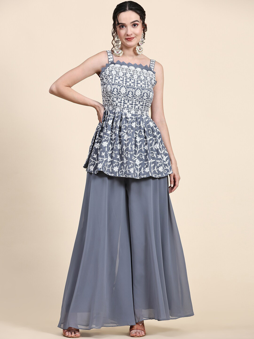 

KALINI Floral Embroidered Empire Thread Work Kurta With Palazzos And Long Shrug, Grey