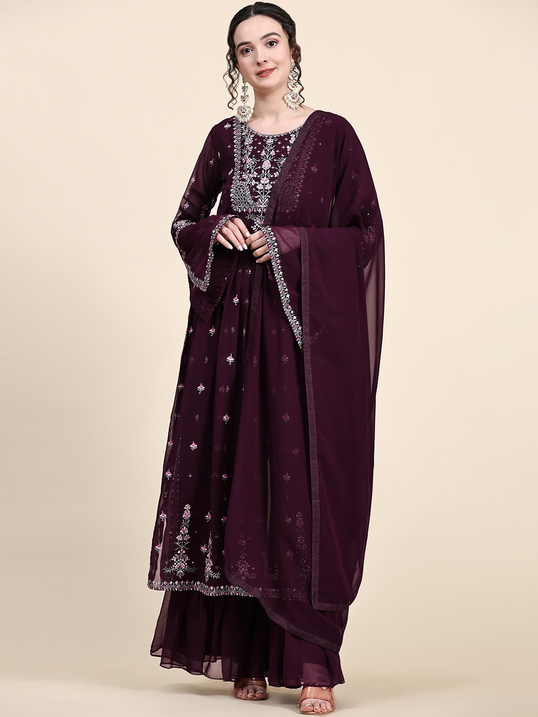 

KALINI Ethnic Motifs Embroidered Empire Kurta with Sharara & With Dupatta, Burgundy