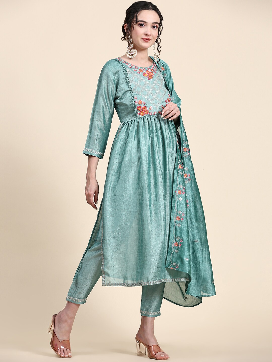 

KALINI Floral Embroidered A Line Kurta With Trousers & Dupatta, Green