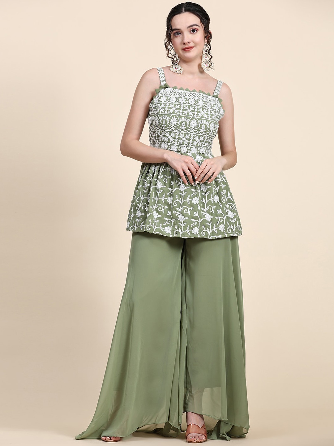 

KALINI Ethnic Motifs Embroidered Empire Thread Work Kurta with Palazzos, Green