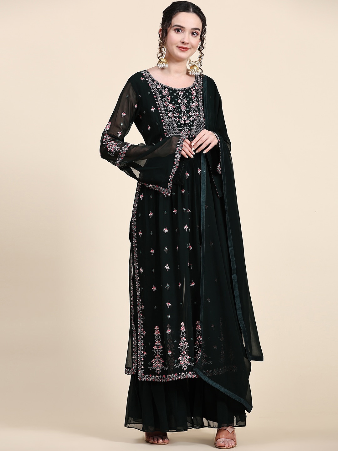 

KALINI Ethnic Motifs Embroidered Empire Thread Work Kurta With Sharara & Dupatta, Black