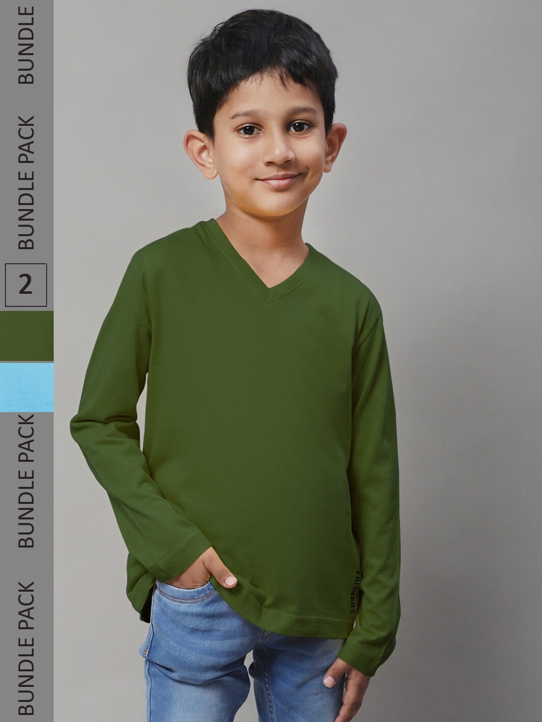 

Friskers Boys Pack Of 2 V-Neck Long Sleeves Pure Cotton T-shirts, Turquoise blue