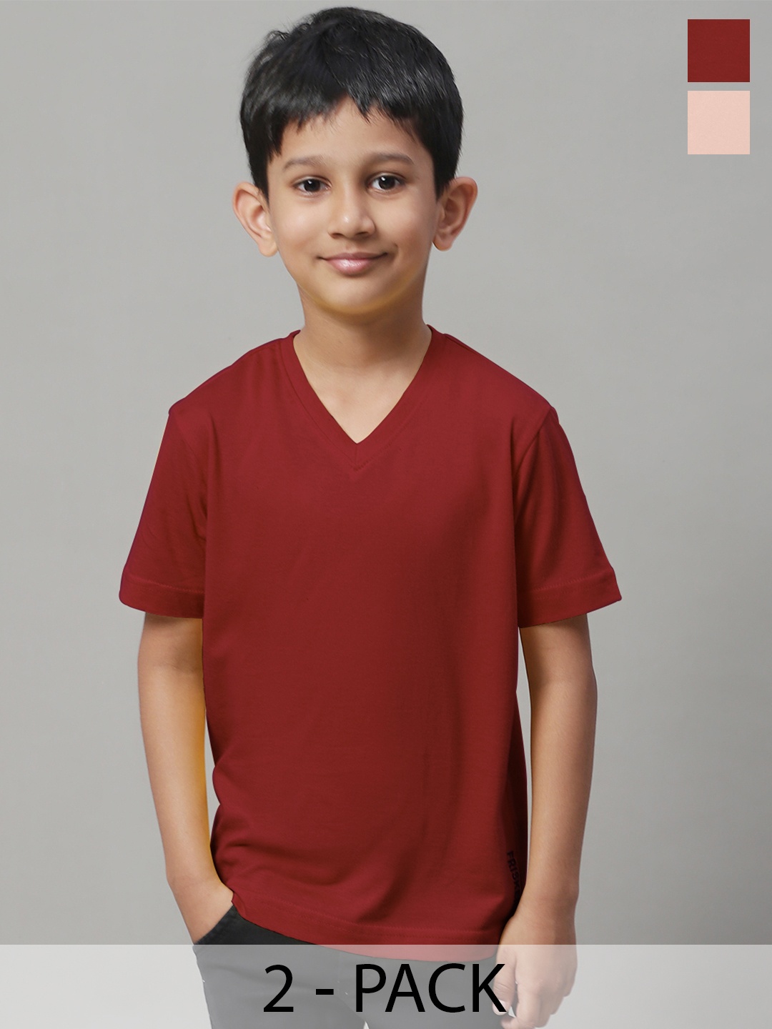 Friskers Boys Pack Of 2 V-Neck Pure Cotton T-shirts, Maroon