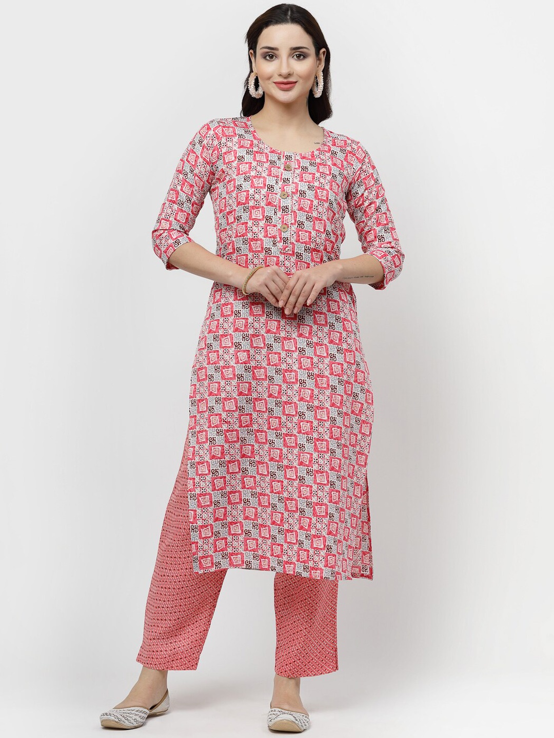 

KALINI Ethnic Motifs Printed Regular Pure Cotton Kurta With Trousers, Pink