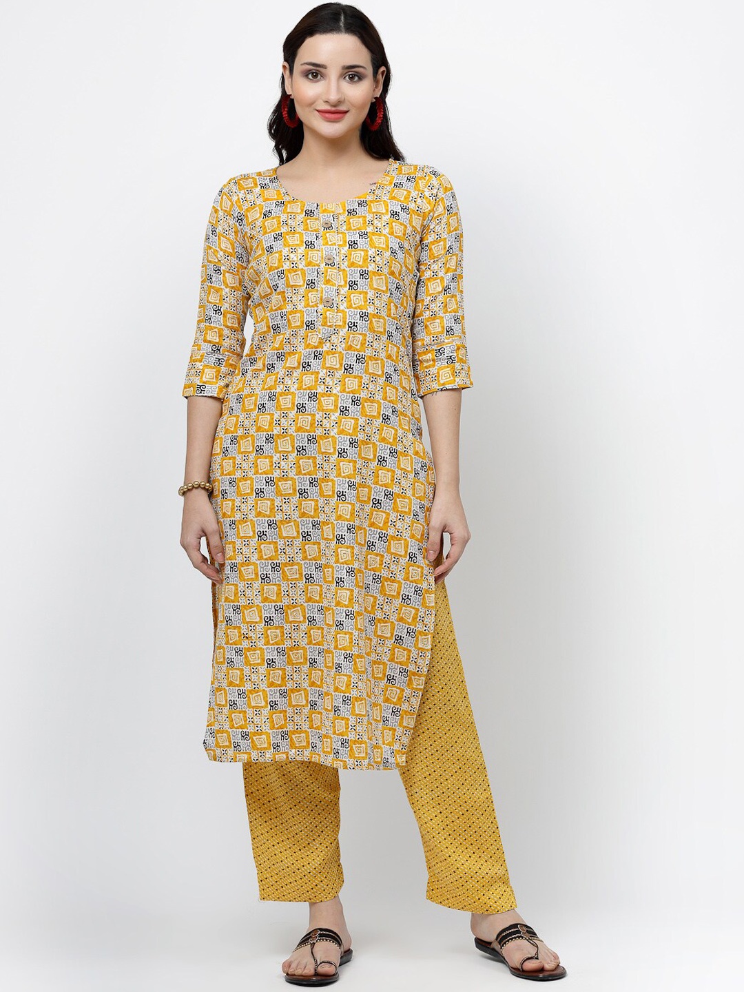 

KALINI Ethnic Motifs Printed Pure Cotton Kurta With Trousers, Yellow