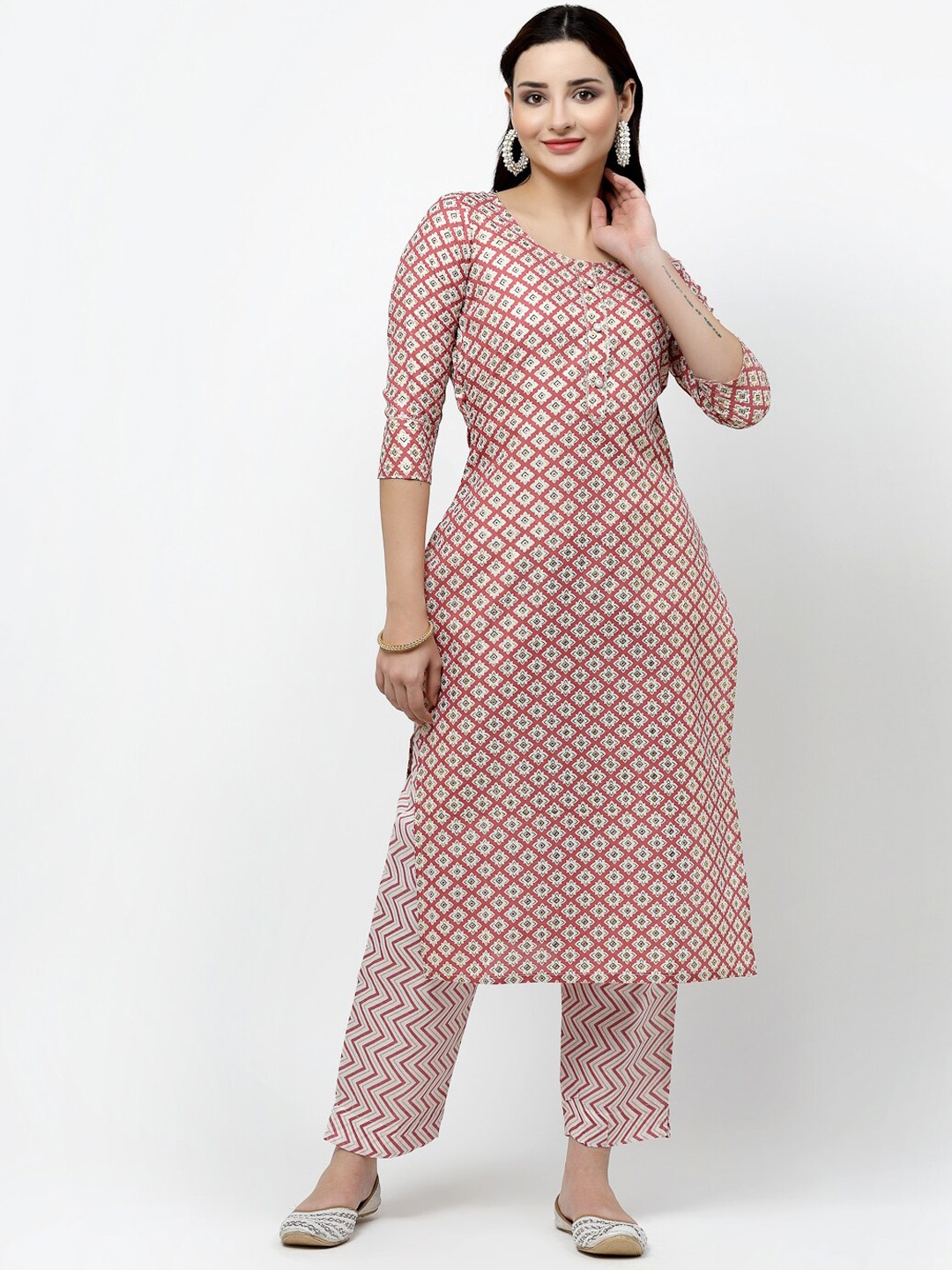 

KALINI Ethnic Motifs Printed Regular Pure Cotton Kurti With Trousers, Peach