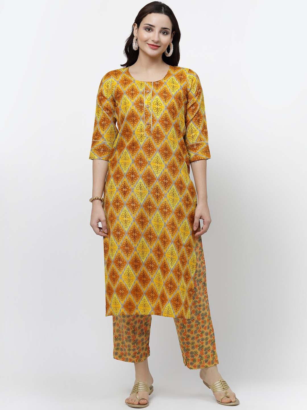 

KALINI Ethnic Motifs Printed Pure Cotton Kurta With Trousers, Yellow