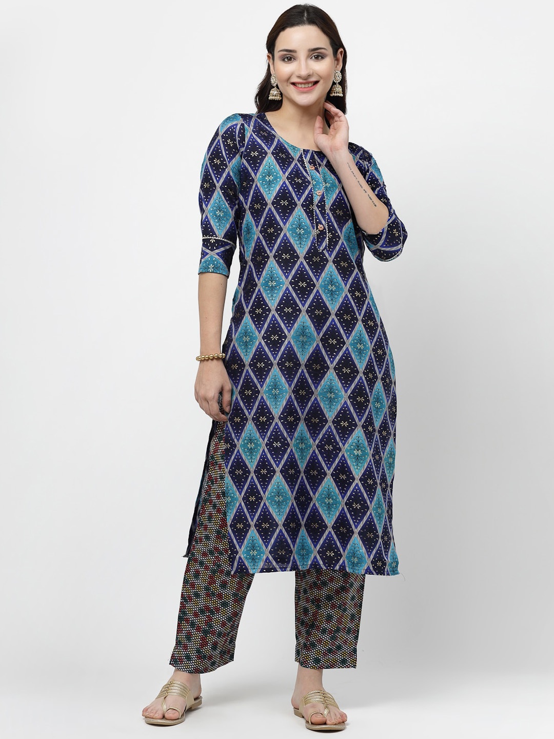 KALINI Ethnic Motifs Printed Gotta Patti Pure Cotton Kurta with Trousers, Blue