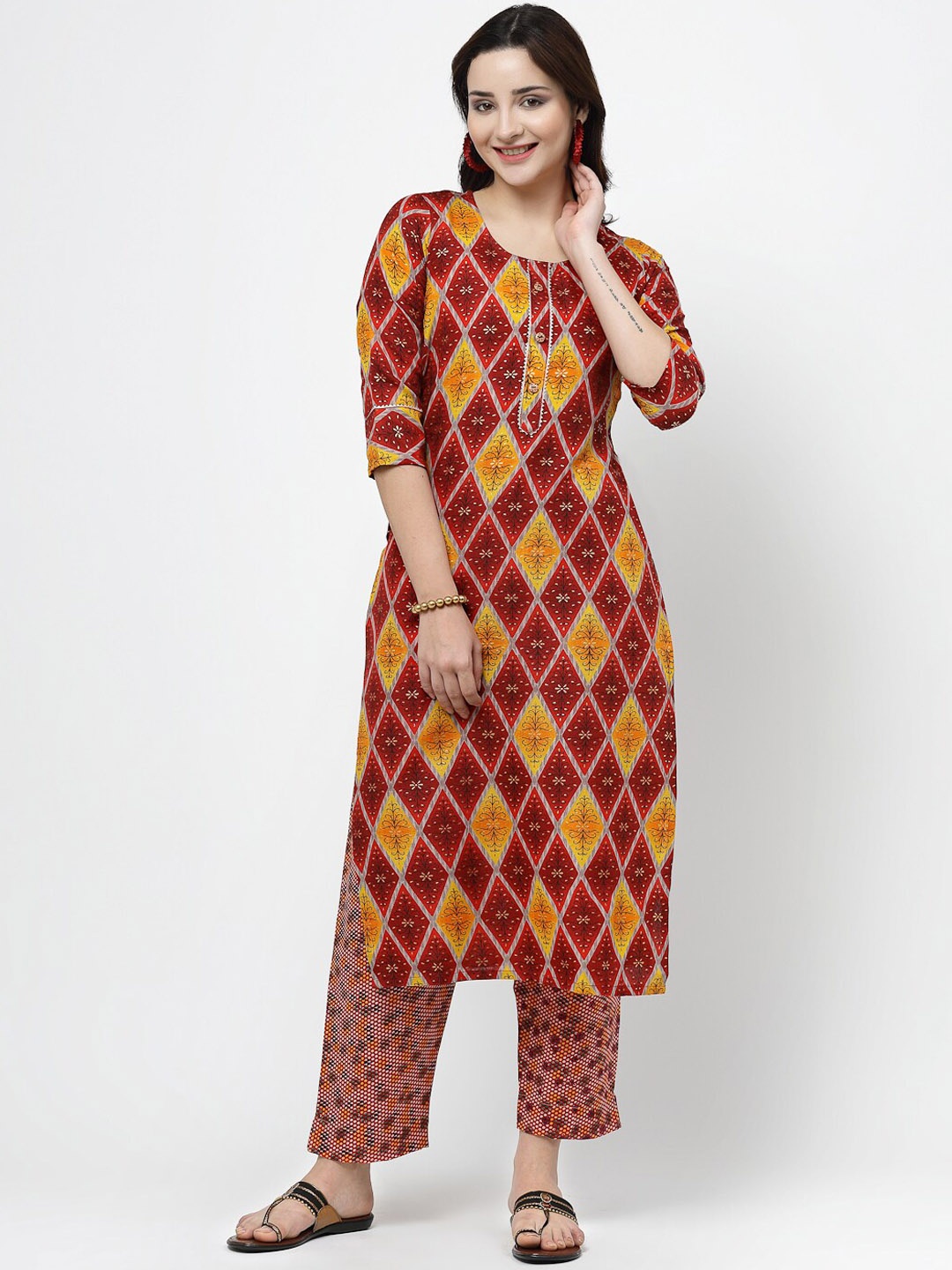 

KALINI Ethnic Motifs Printed Gotta Patti Pure Cotton Kurta with Trousers, Red